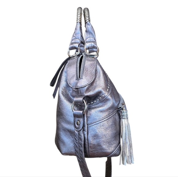 B. Makowsky Metallic Silver Leather Top Handle Shoulder Bag - Picture 9 of 15